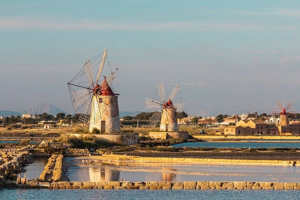 Trapani Province-Marsala Wind mills at the salt evaporation ponds in the Stagnone Nature Reserve